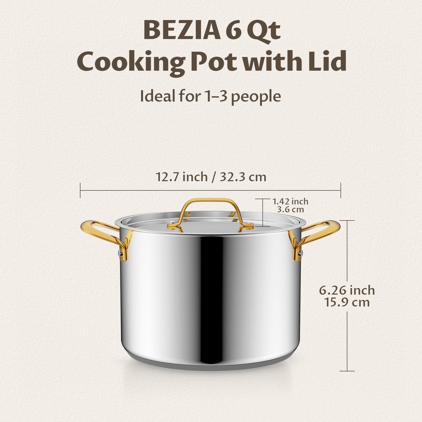 BEZIA Asa ergonómica dorada para un manejo cómodo durante cocinar