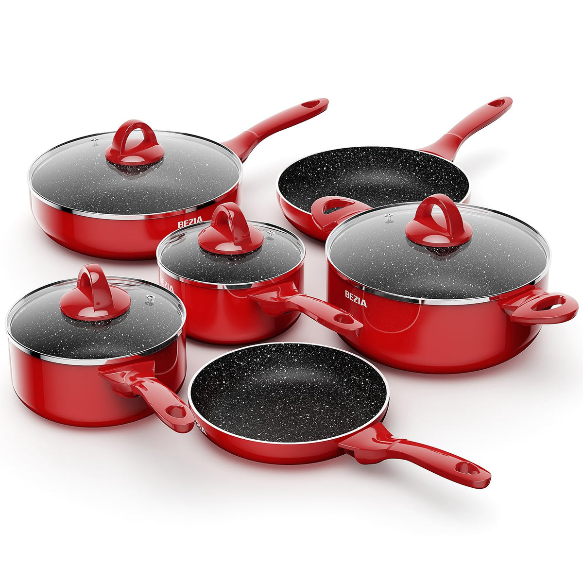 BEZIA ollas y sartenes Induccion 10 piezas en rojo, ideales para uso diario.