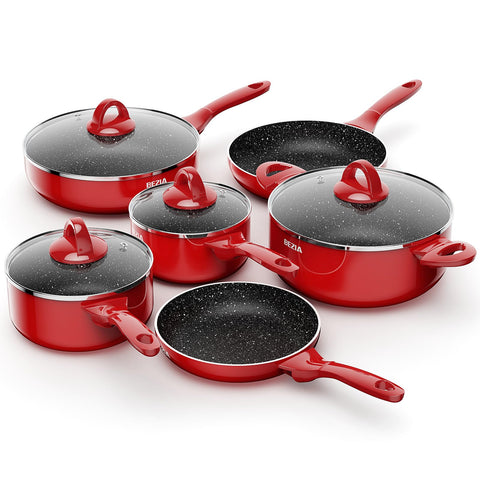 BEZIA ollas y sartenes Induccion 10 piezas en rojo, ideales para uso diario.