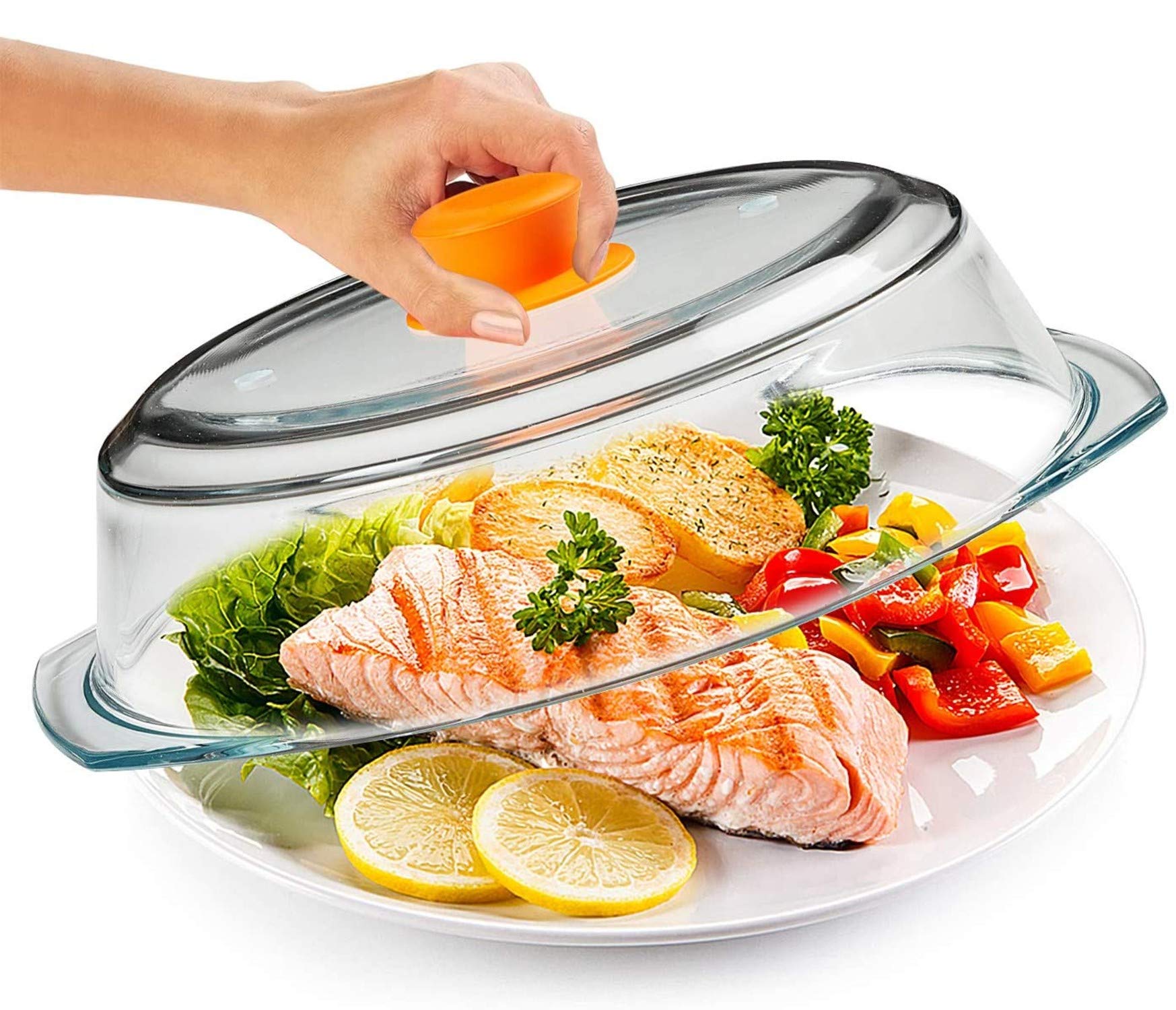 Bezrat tapa de vidrio para microondas alto, mantiene la comida visible y libre de salpicaduras.