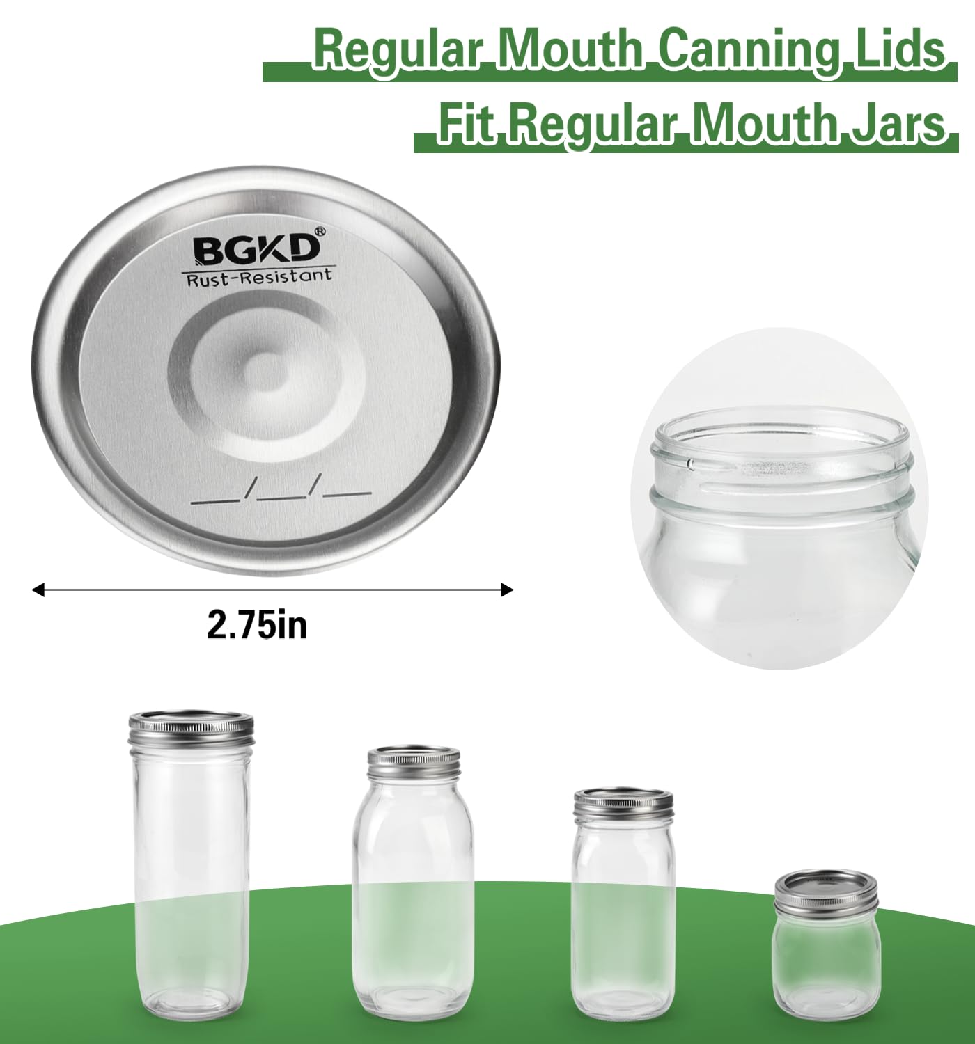 BGKD tapas boca regular, compatibilidad con frascos Ball y Kerr para uso universal.