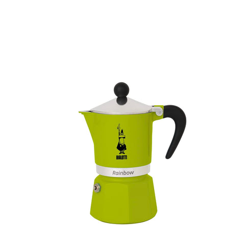 Cafetera Bialetti Arcoiris verde 3 tazas frente, ideal para iniciar la mañana