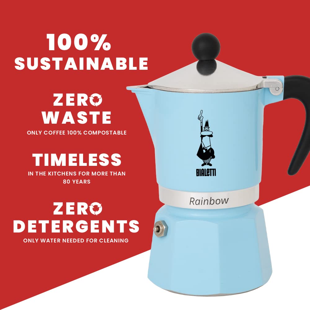 Uso en cocina con Rainbow Bialetti azul claro para espresso rápido.