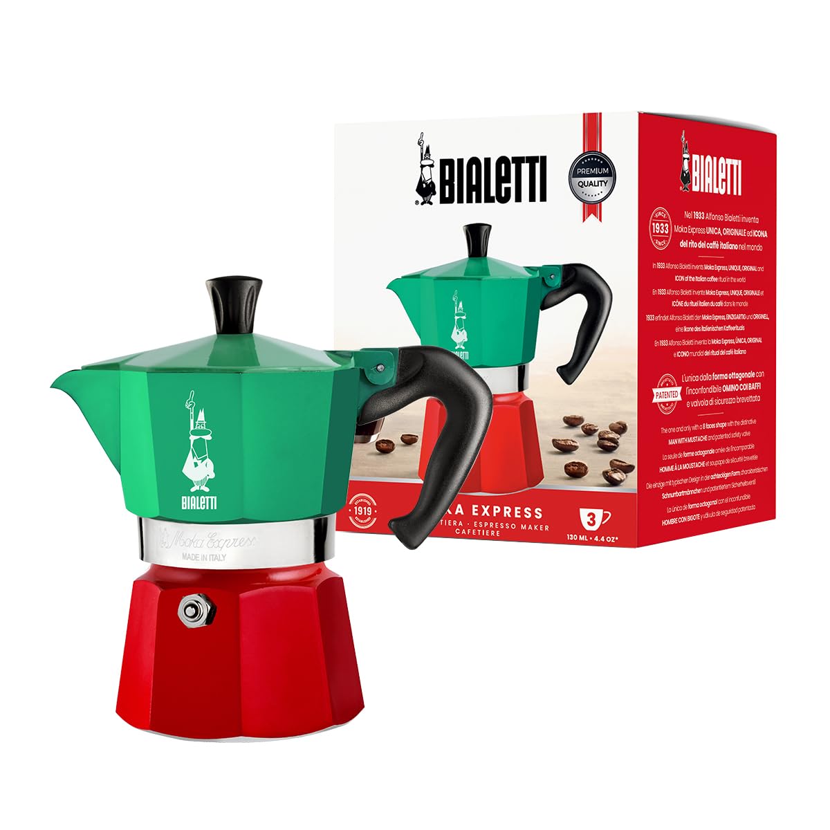 Bialetti Moka Express frente, diseño icónico para espresso en casa
