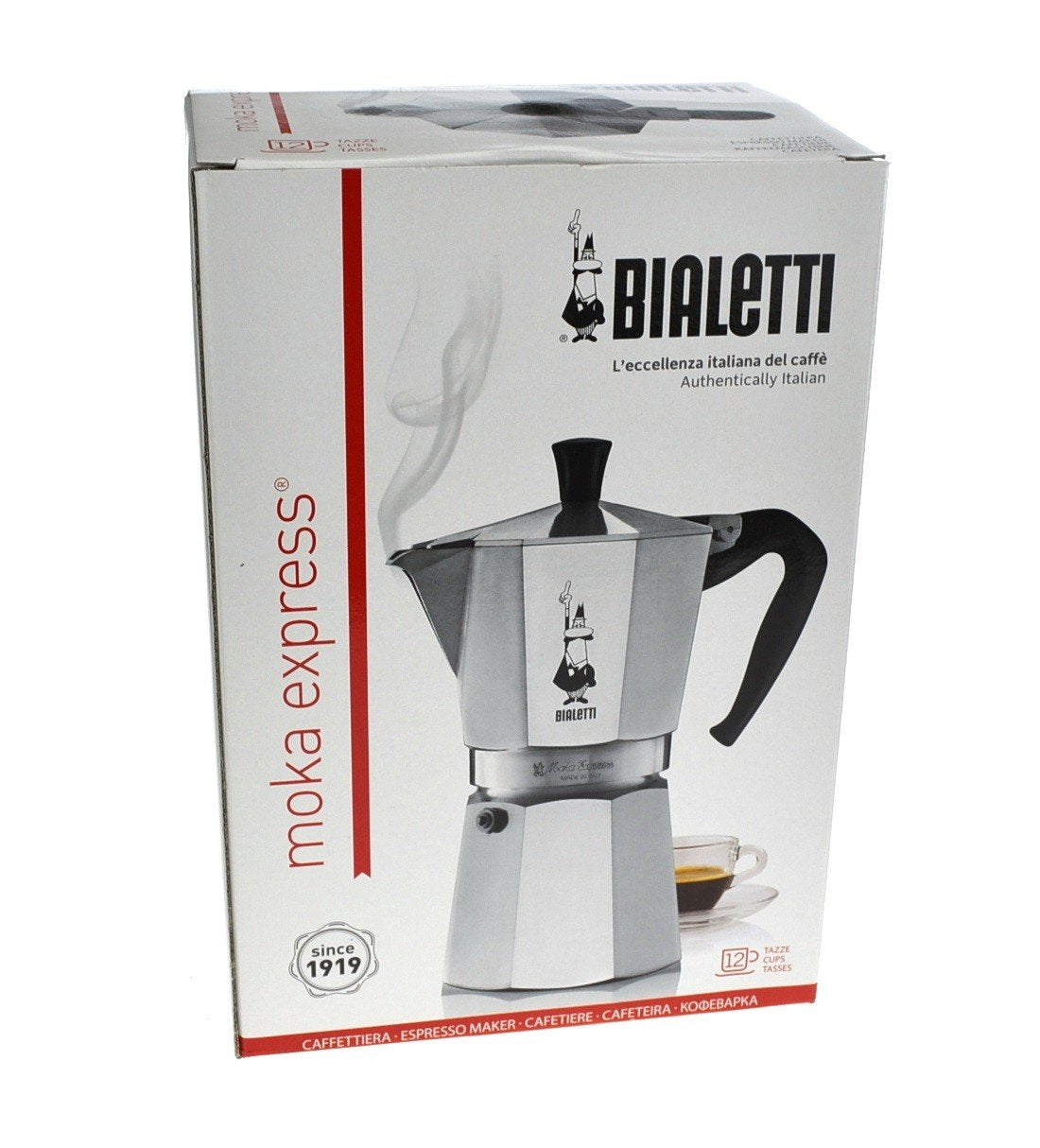 Moka Express en acabado plateado, estilo duradero para la cocina.