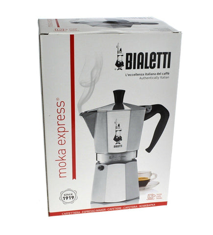 Moka Express en acabado plateado, estilo duradero para la cocina.