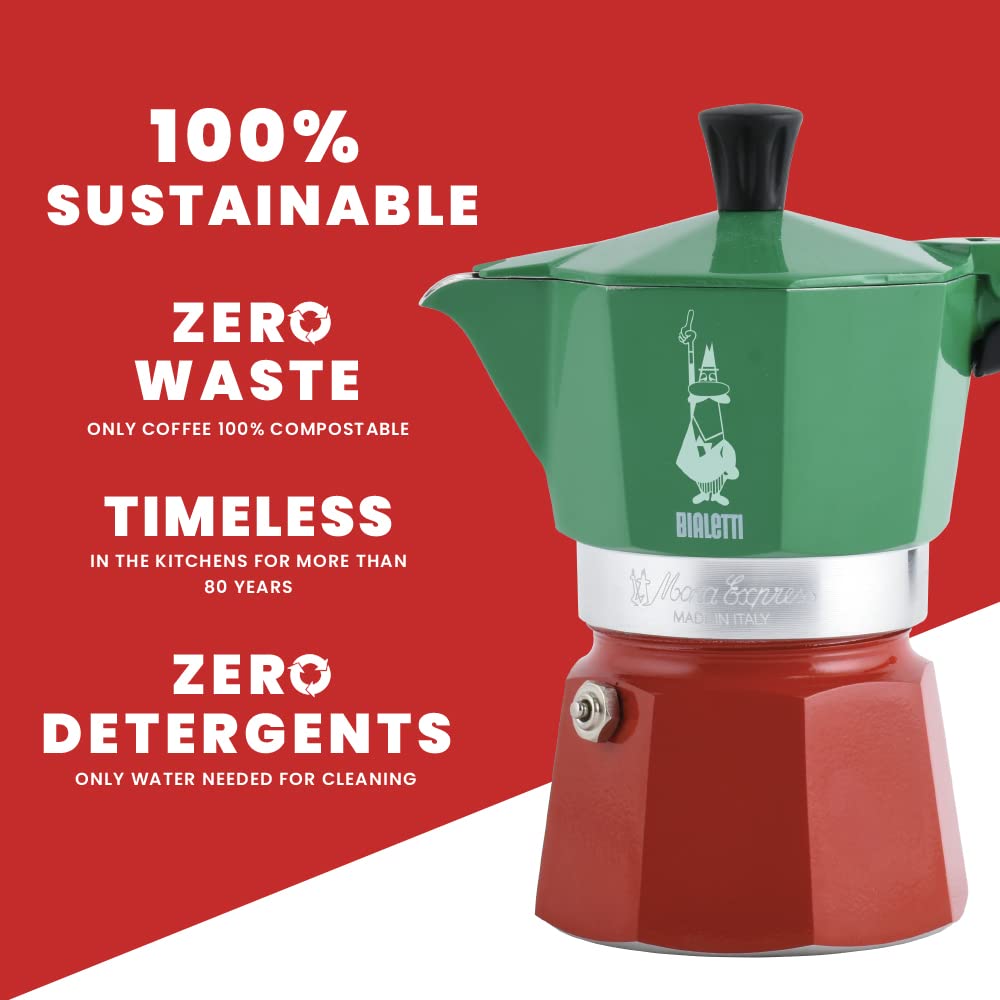 Moka Express en colores rojo, verde y plata para la cocina