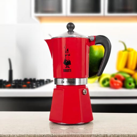 Bialetti Moka Express Rainbow Rojo, base estable, apta para gas y vitrocerámica.