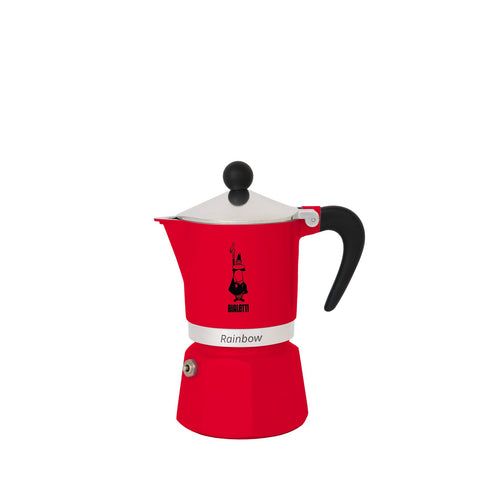 Bialetti Moka Express Rainbow Rojo, frontal, listo para empezar el ritual del café.
