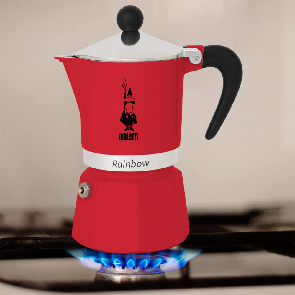 Bialetti Moka Express Rainbow Rojo, mango ergonómico, verter con comodidad.