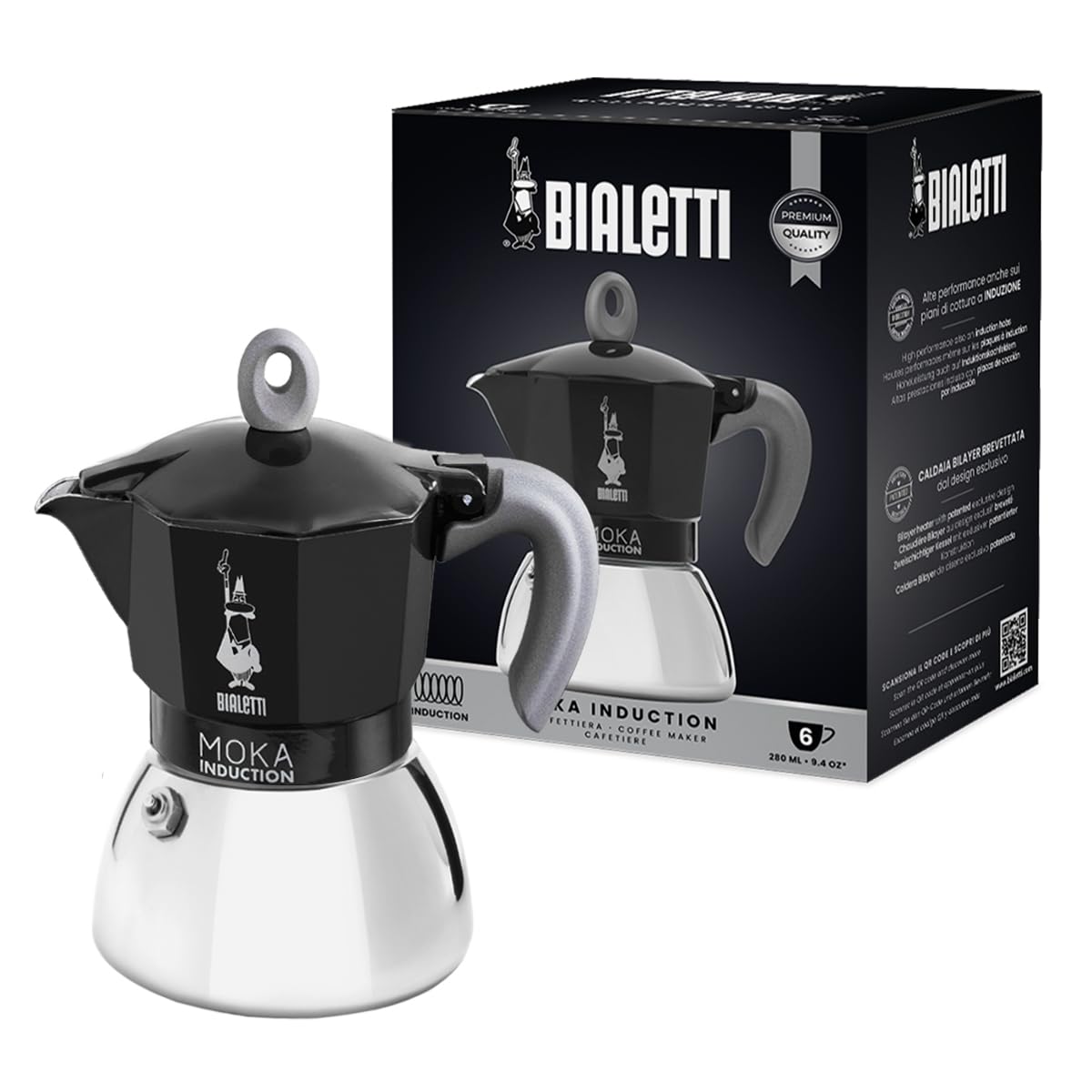 Bialetti Moka Induction, cabezal de aluminio, preparado para inducción y espresso rápido.