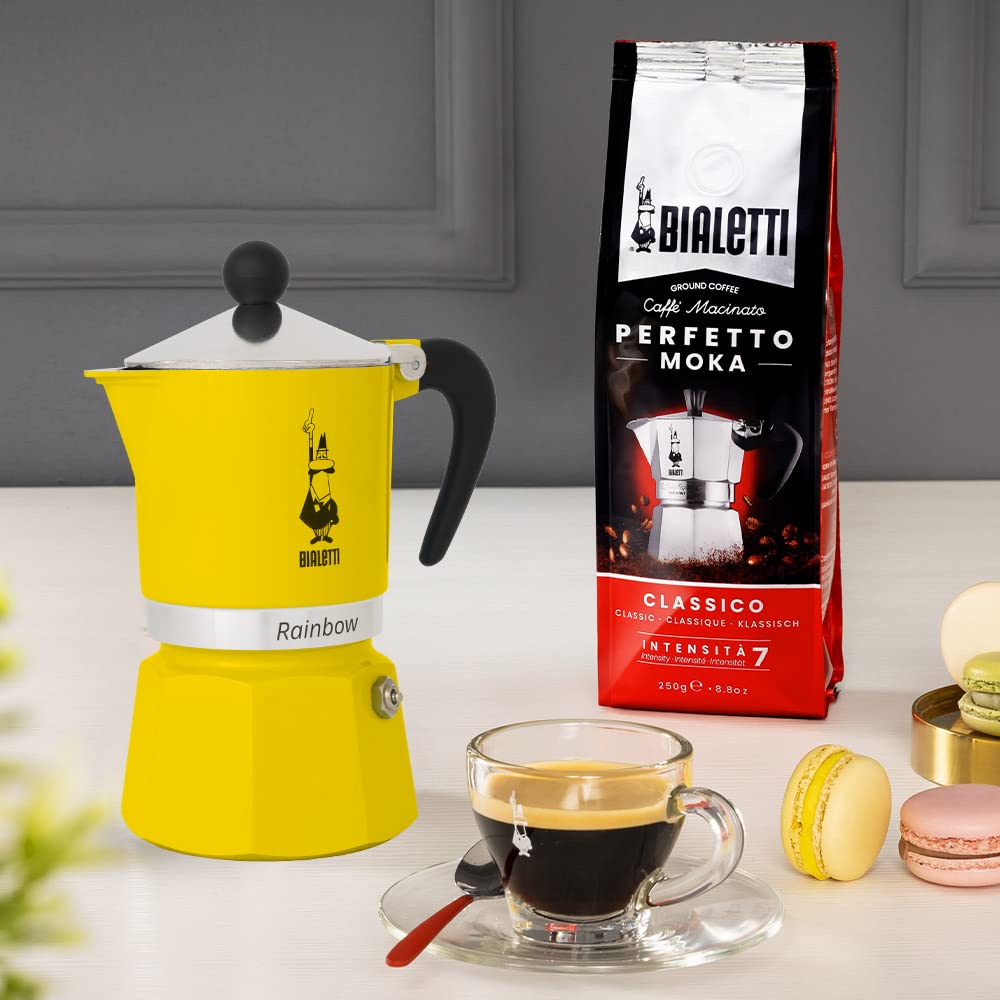 Cafetera Bialetti Rainbow amarilla, tapa amarilla y seguridad en la preparación
