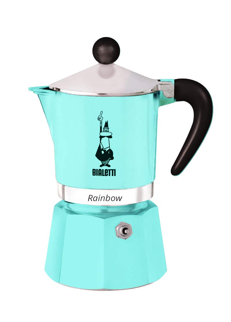 Bialetti Rainbow cafetera espresso azul claro, base compatible, ideal para gas, electricidad e induccion.