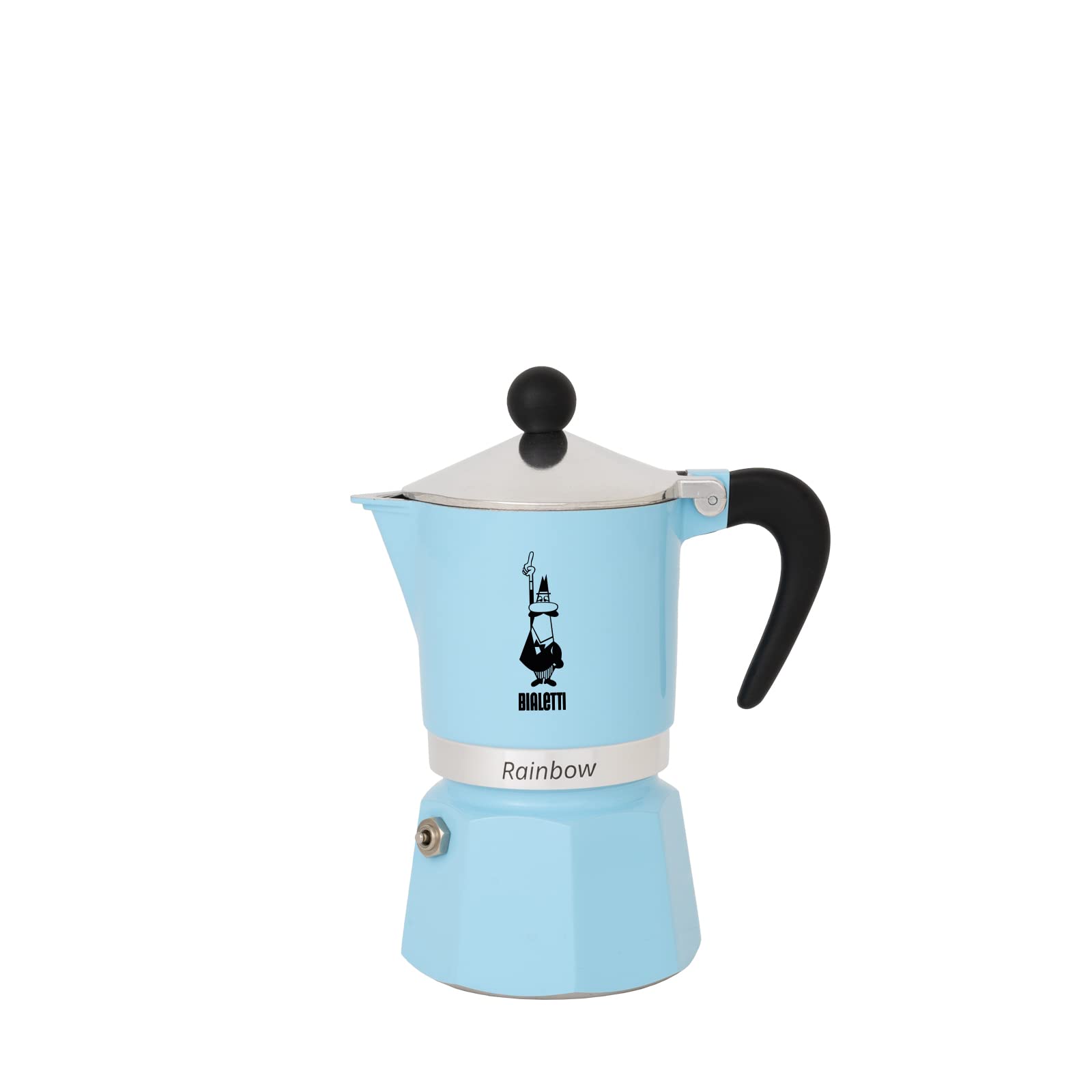 Bialetti Rainbow cafetera espresso azul claro, frontal, lista para preparar cafe con aroma.