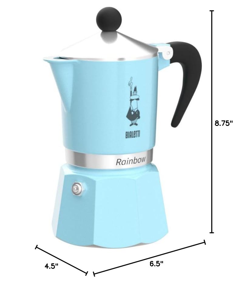 Bialetti Rainbow cafetera espresso azul claro, limpieza con agua, sin detergentes, preserva el sabor.