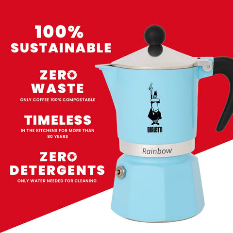 Bialetti Rainbow cafetera espresso azul claro, uso en estufas de gas e induccion, versatil y seguro.