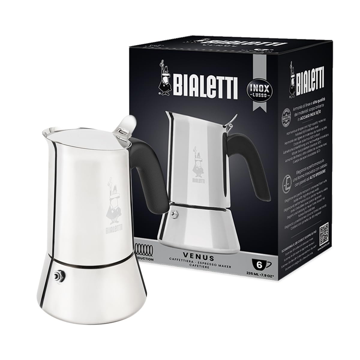 Bialetti Venus cafetera de inducción, vista frontal, diseño moderno y práctico.