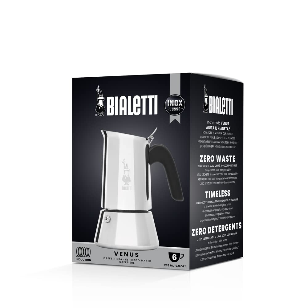 Bialetti Venus cafetera de inducción, vista lateral, construcción en acero inoxidable.