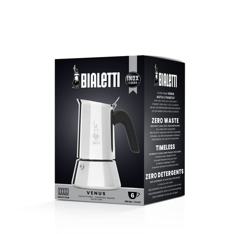 Bialetti Venus cafetera de inducción, vista lateral, construcción en acero inoxidable.
