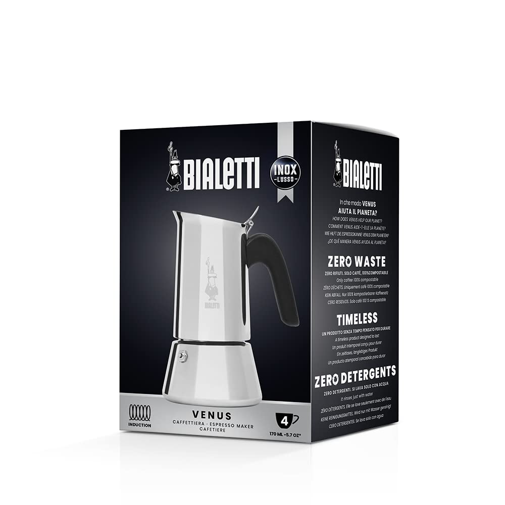 Bialetti Venus: cuerpo de acero inoxidable 18-10 para durabilidad.