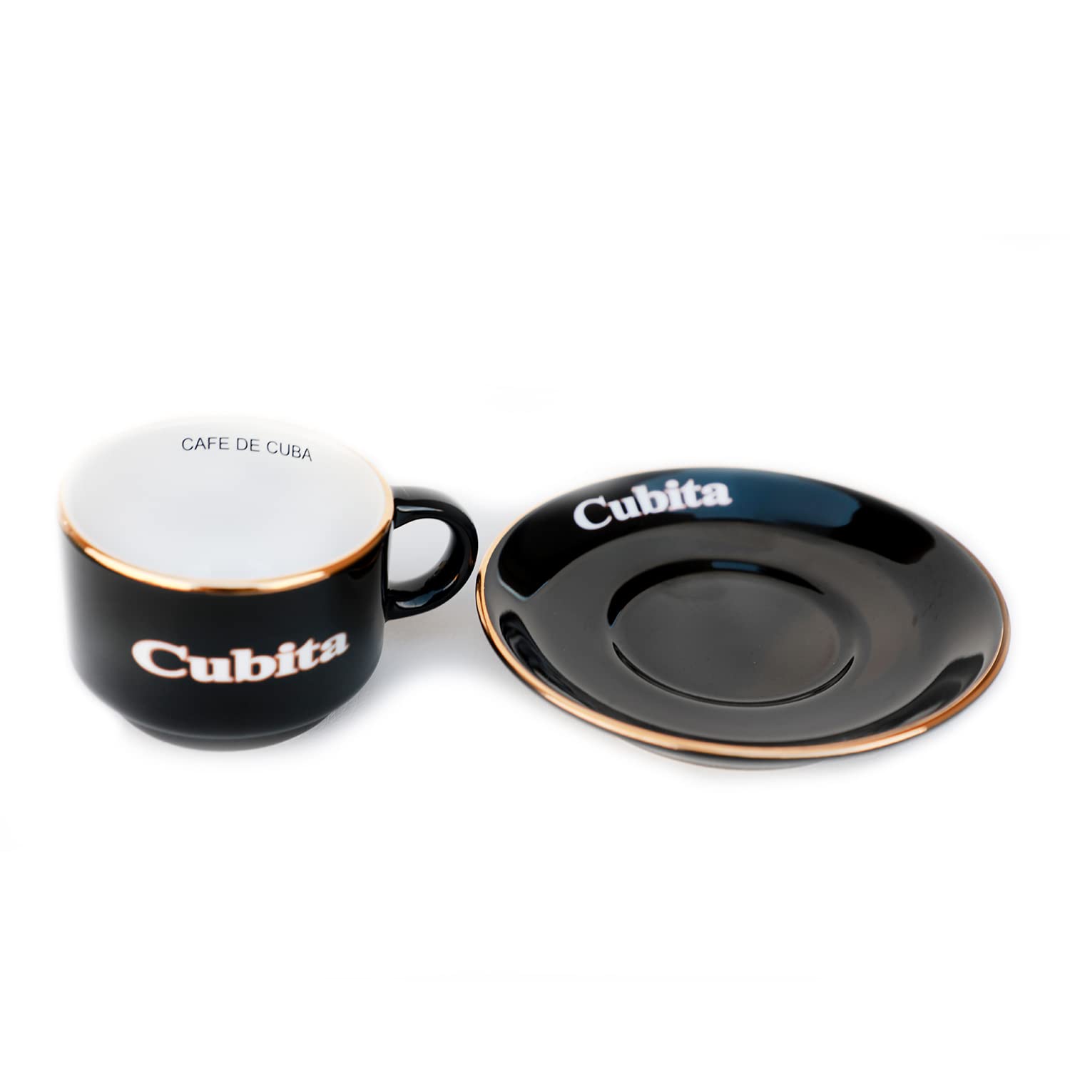 Platillos a juego de BIBI Cubita con borde dorado para presentación elegante.