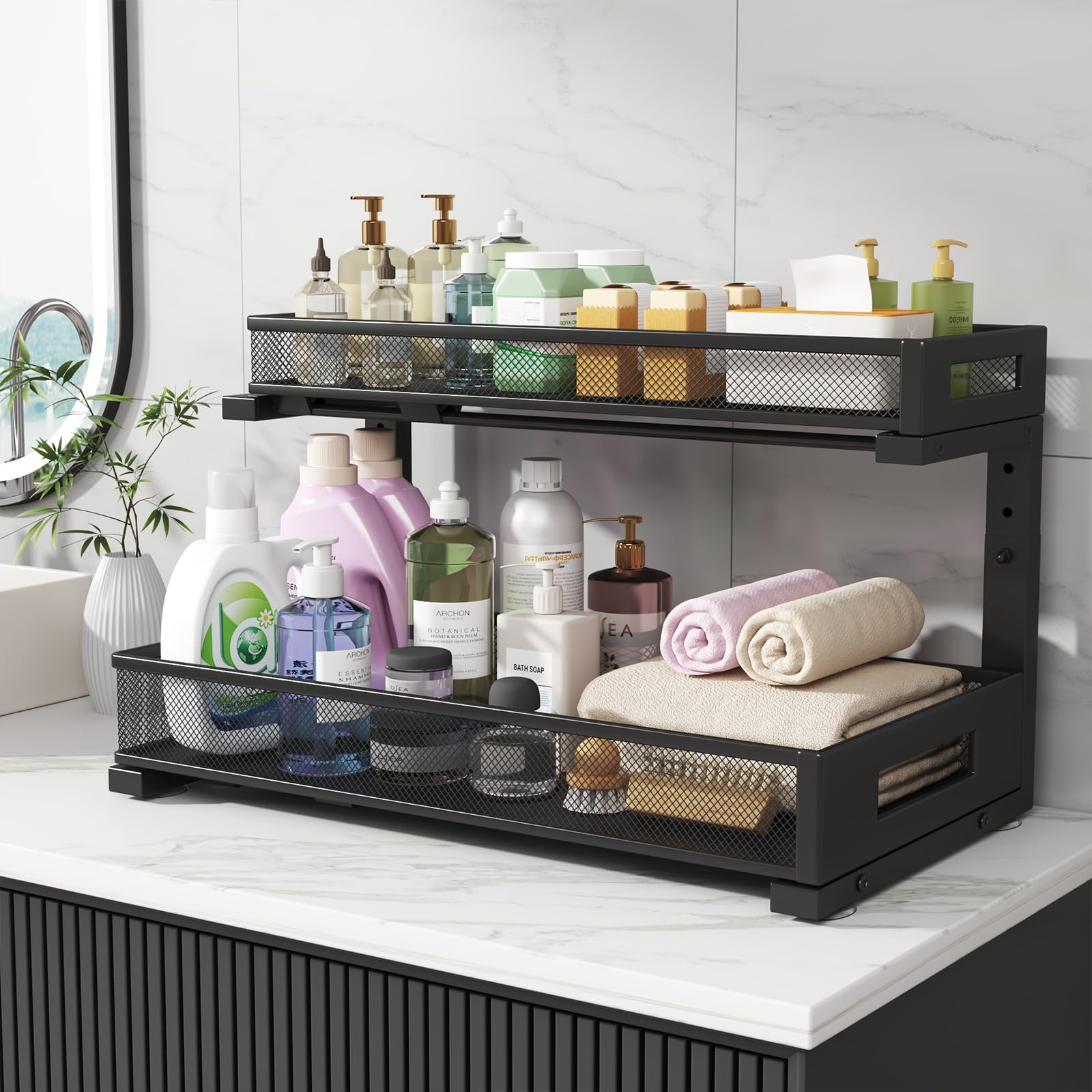 Biboraya acabado negro combina con cocina y baño para organización discreta.