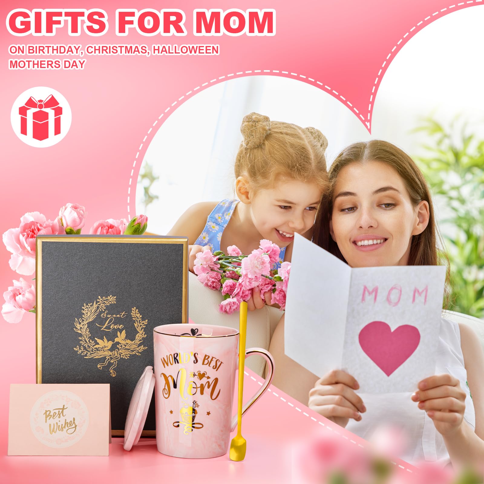 Conjunto regalo Biching incluye tapa, cuchara y tarjeta rosa.