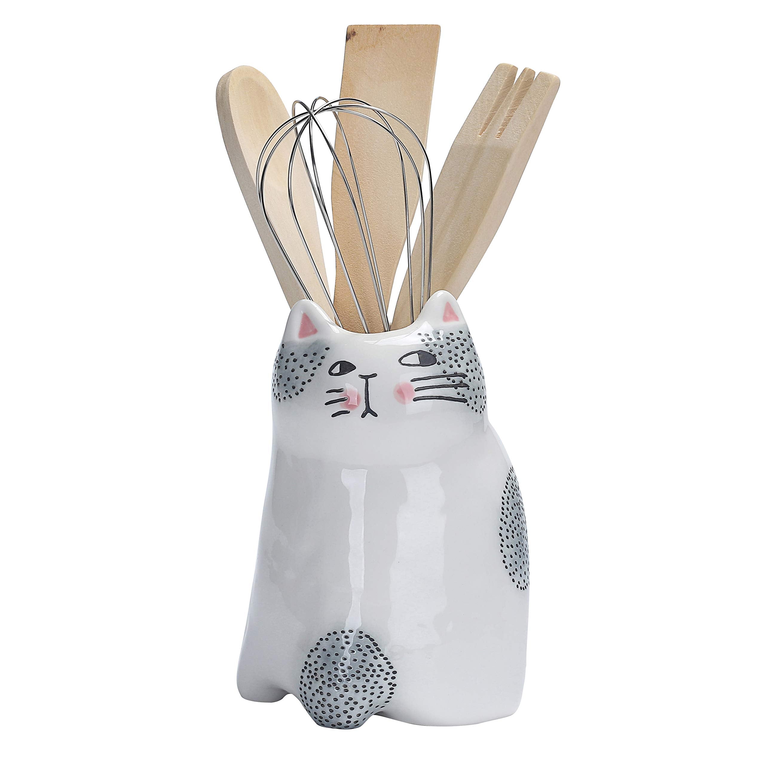 Bico porta utensilios con gato animado, vista frontal, diseño encantador para la cocina.