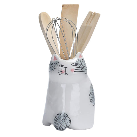 Bico porta utensilios con gato animado, vista frontal, diseño encantador para la cocina.