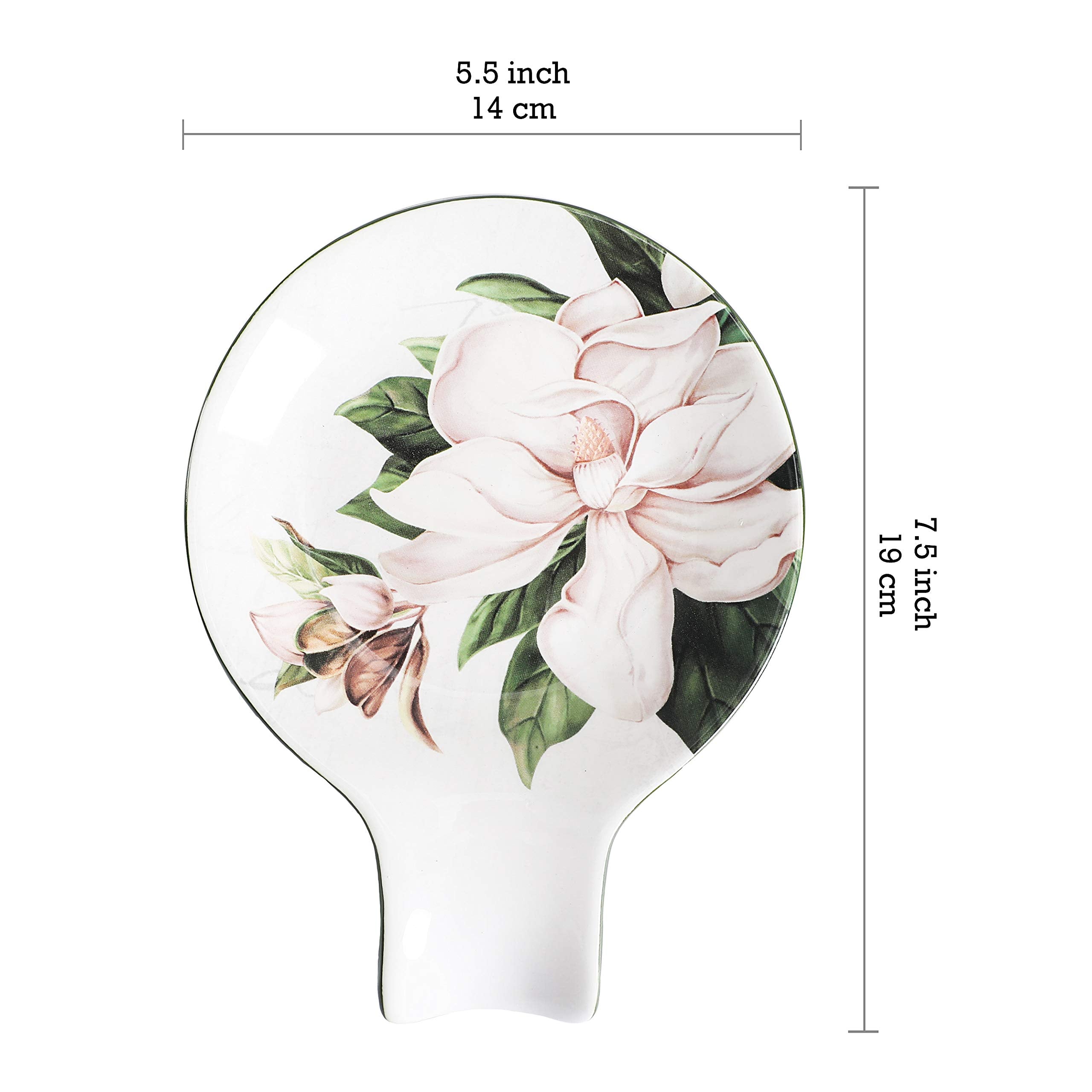 Reposacucharas cerámico Magnolia Floral con detalle decorativo y limpieza fácil.