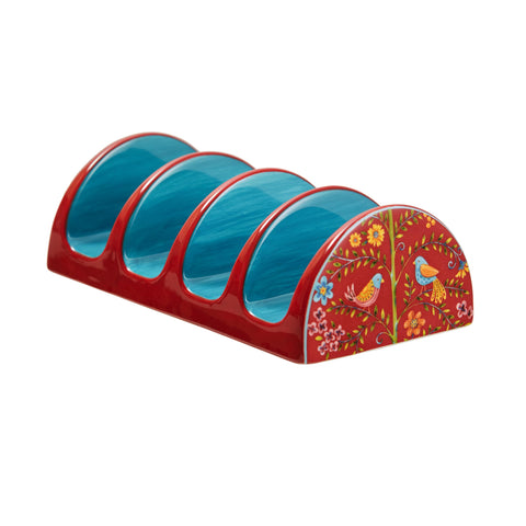Bico: soporte cerámico para tacos con pájaro de primavera rojo, ideal para mesa
