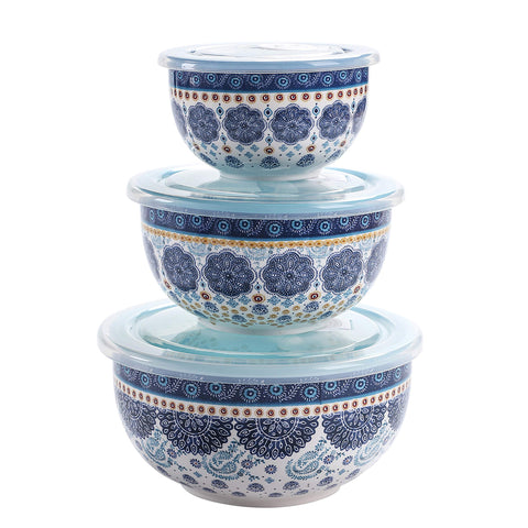Conjunto Bico Talavera de tazones azules con tapa hermética para ensaladas.