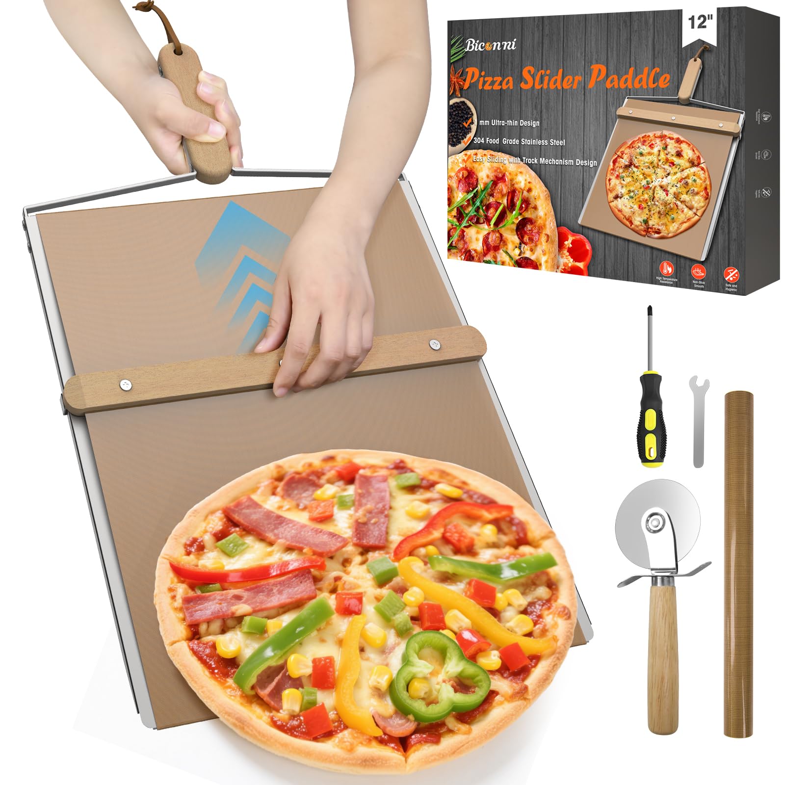 Espátula para pizza deslizante de Biconimi en acción, facilita pasar la pizza al horno.
