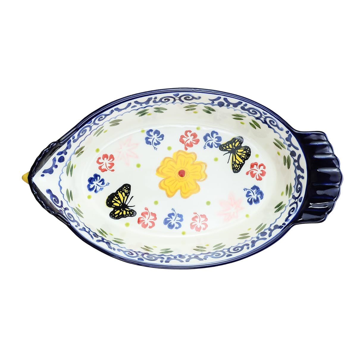 Bicuzat plato para hornear con diseño floral y borde azul.