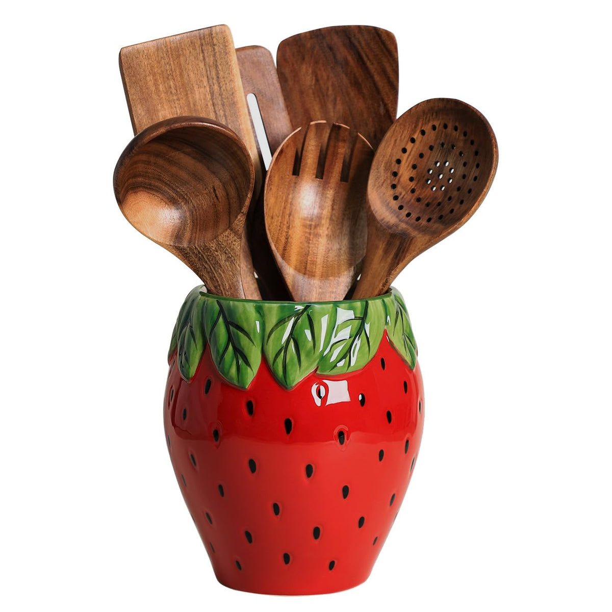 Bicuzat porta-utensilios cerámica en forma de fresa rojo, ideal para la encimera.