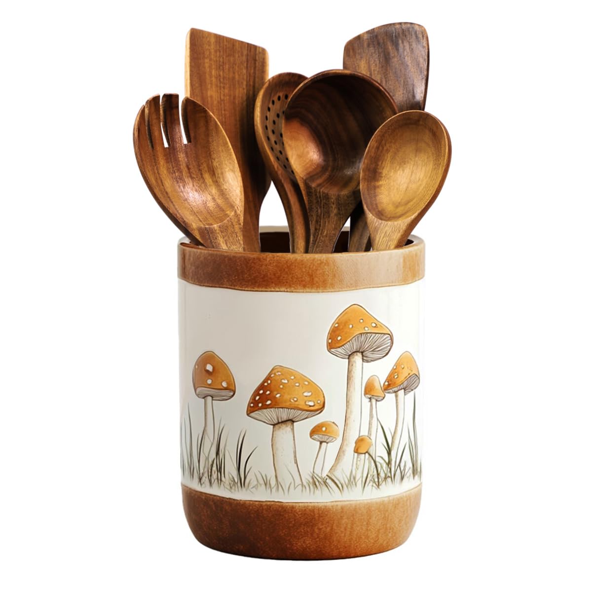 Bicuzat porta-utensilios cerámico con hongo-marrón, ideal para organizar utensilios en la encimera.
