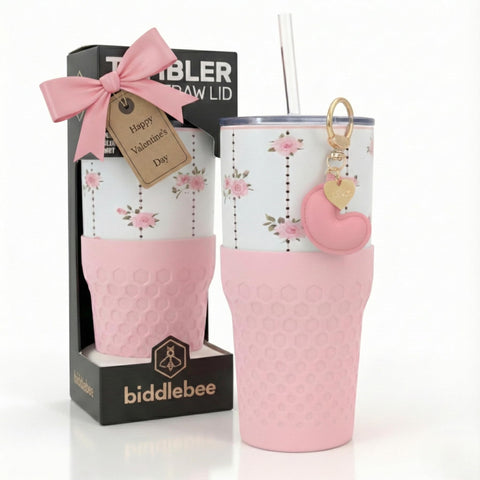Vaso Biddlebee rosa con patrón, ideal para bebidas frías o calientes.