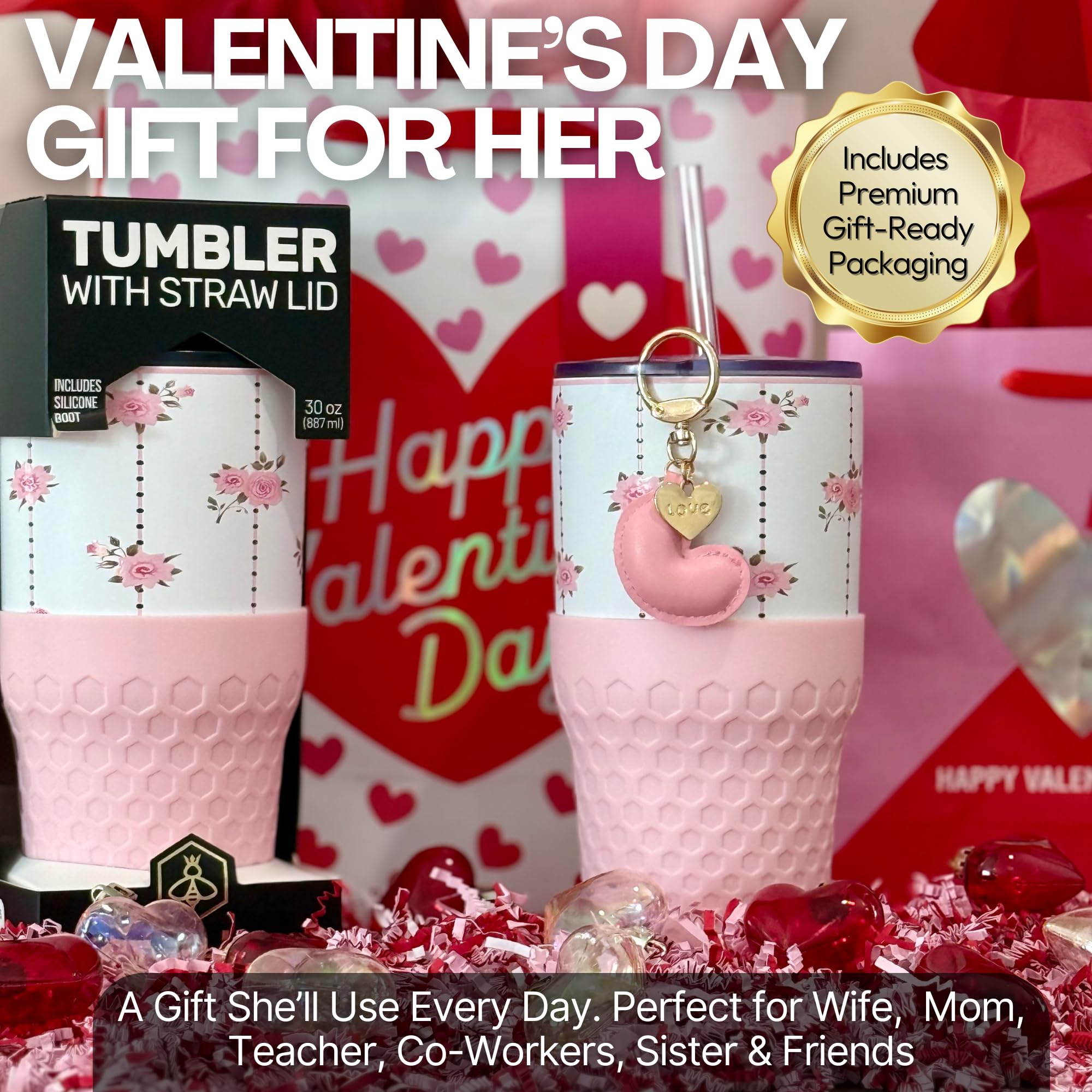 Vaso Biddlebee rosa, tapa con encanto removible para personalizar.