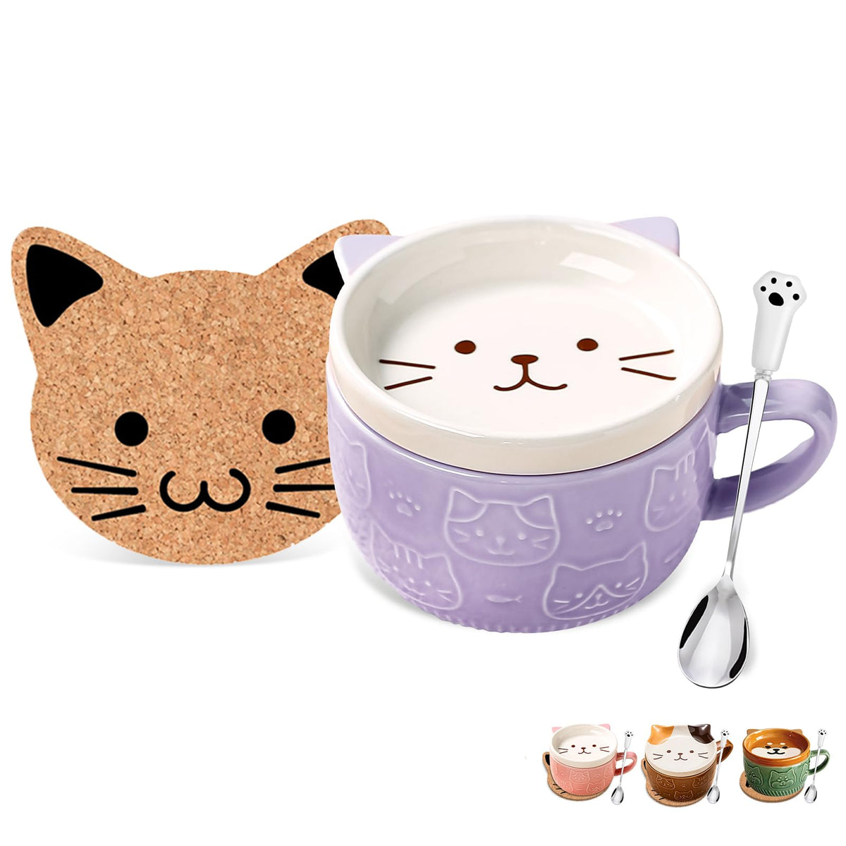 BigNoseDeer Taza gato kawaii con tapa rosa, ideal para té.
