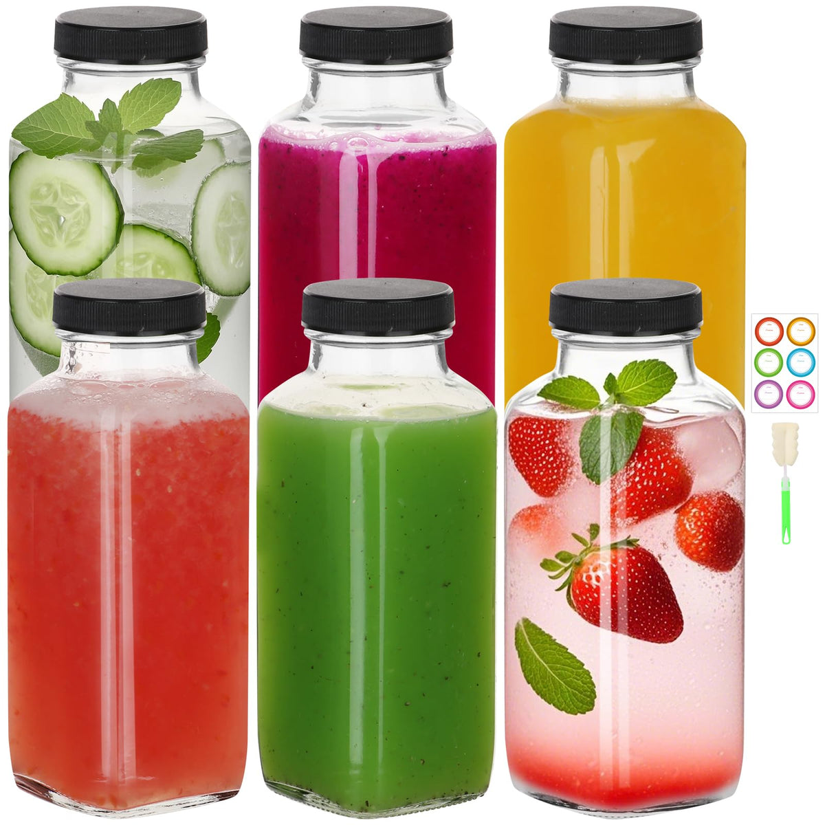 Botellas BIGIVACA de vidrio 12oz con tapas, ideales para bebidas variadas.