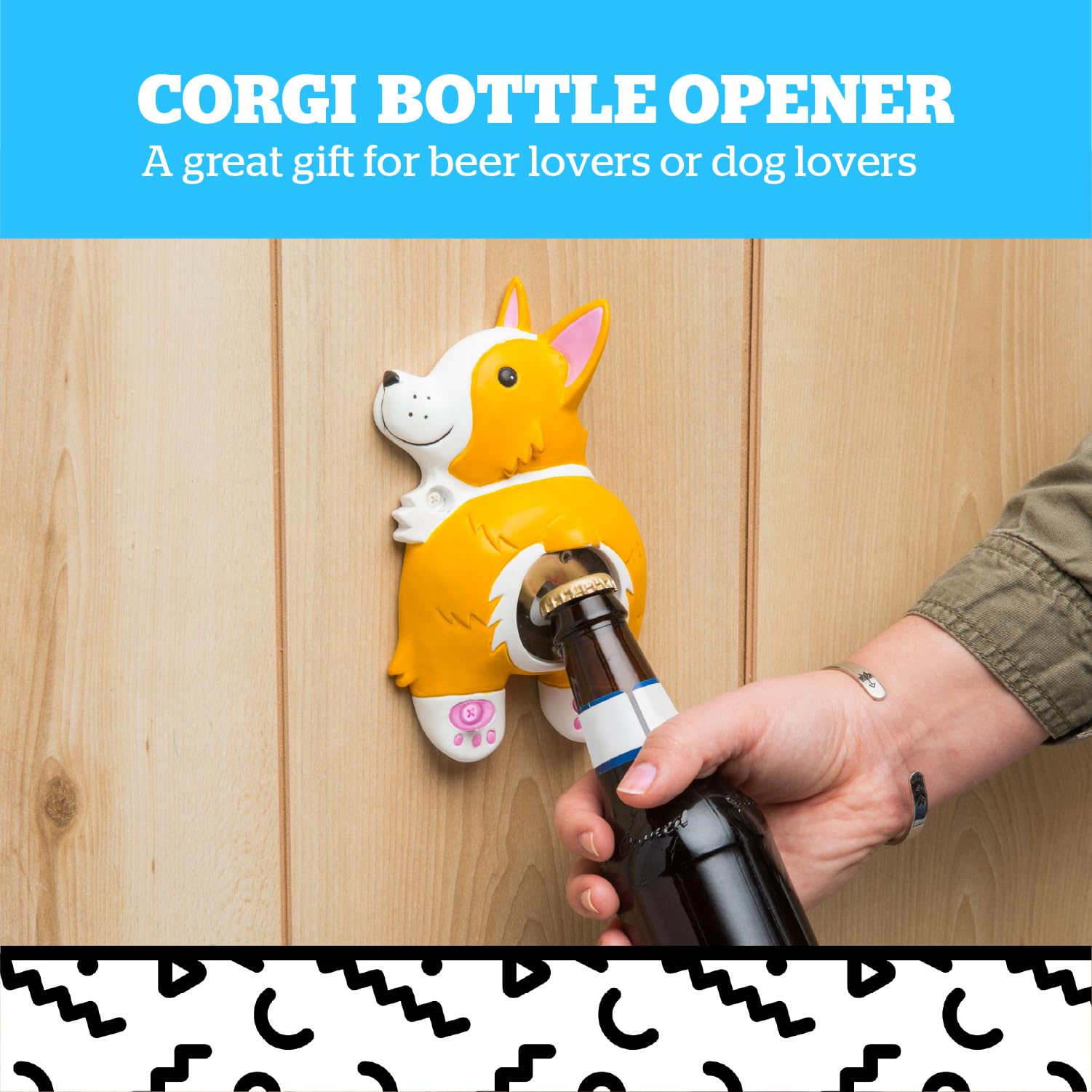Detalle de diseño de corgi en abrebotellas de pared.