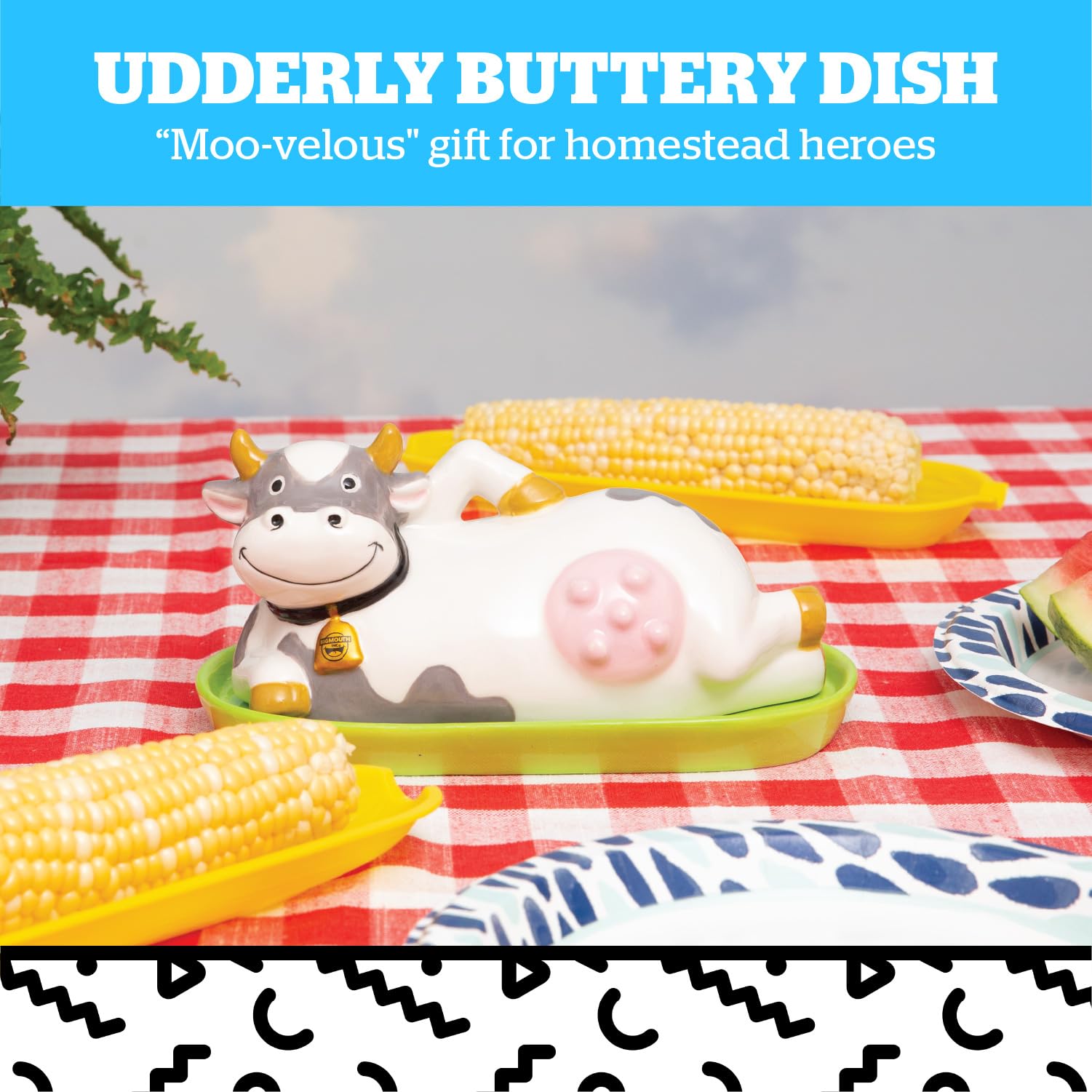 BigMouth Inc Udderly Buttery Butter Dish, vista superior en mesa con mantequilla accesible