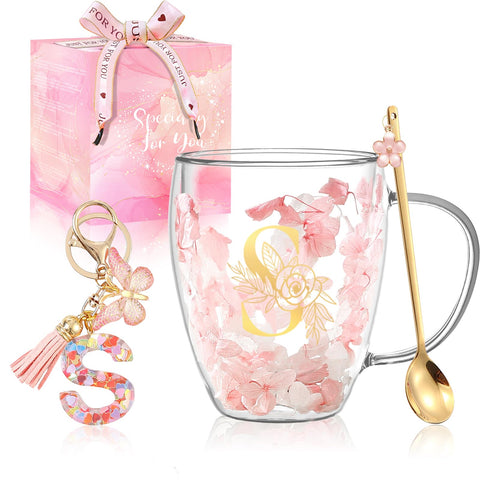 BigNoseDeer taza de vidrio doble con flores secas flotantes, ideal para regales elegantes.