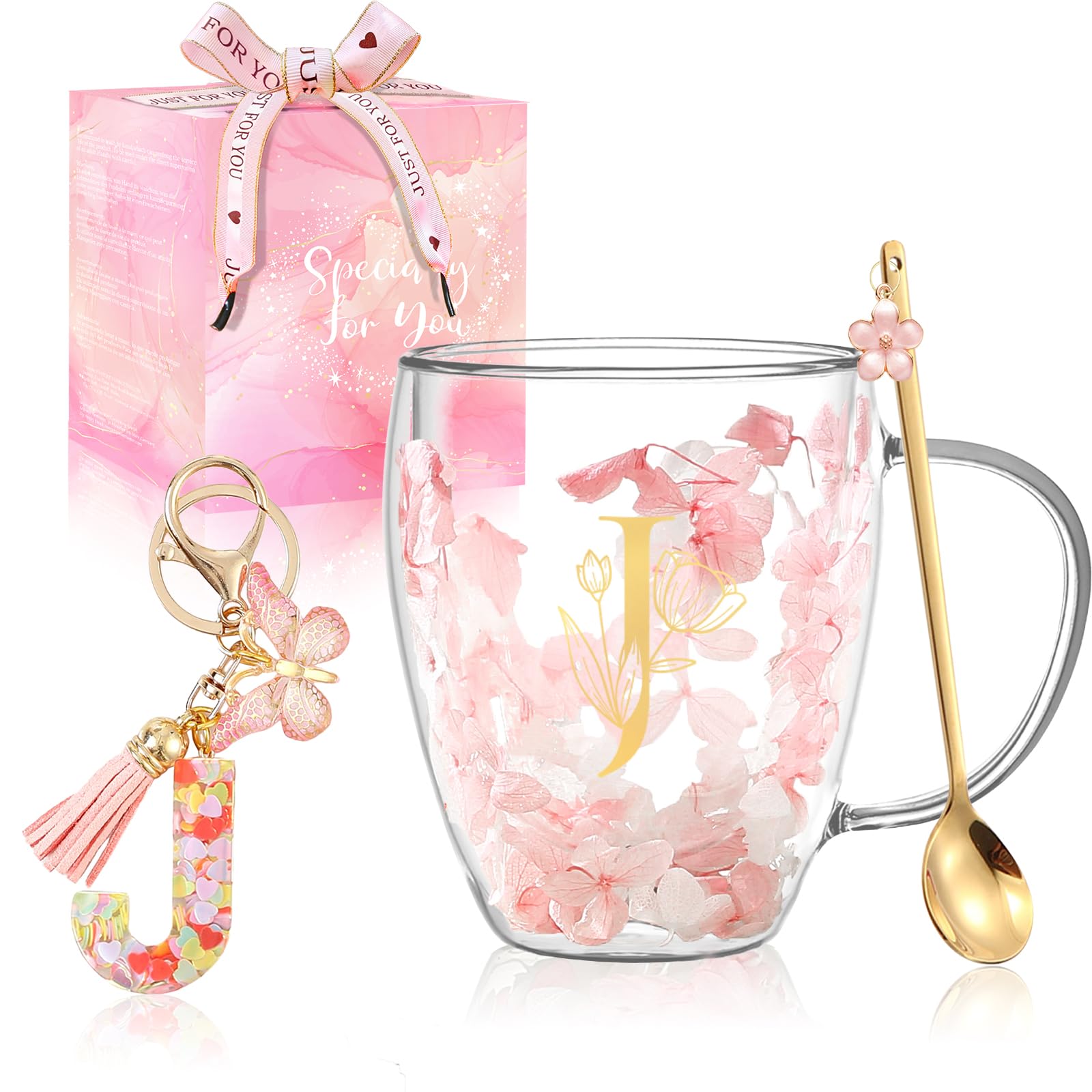 Taza BigNoseDeer con flores secas flotantes e iniciales personalizadas, regalo elegante.