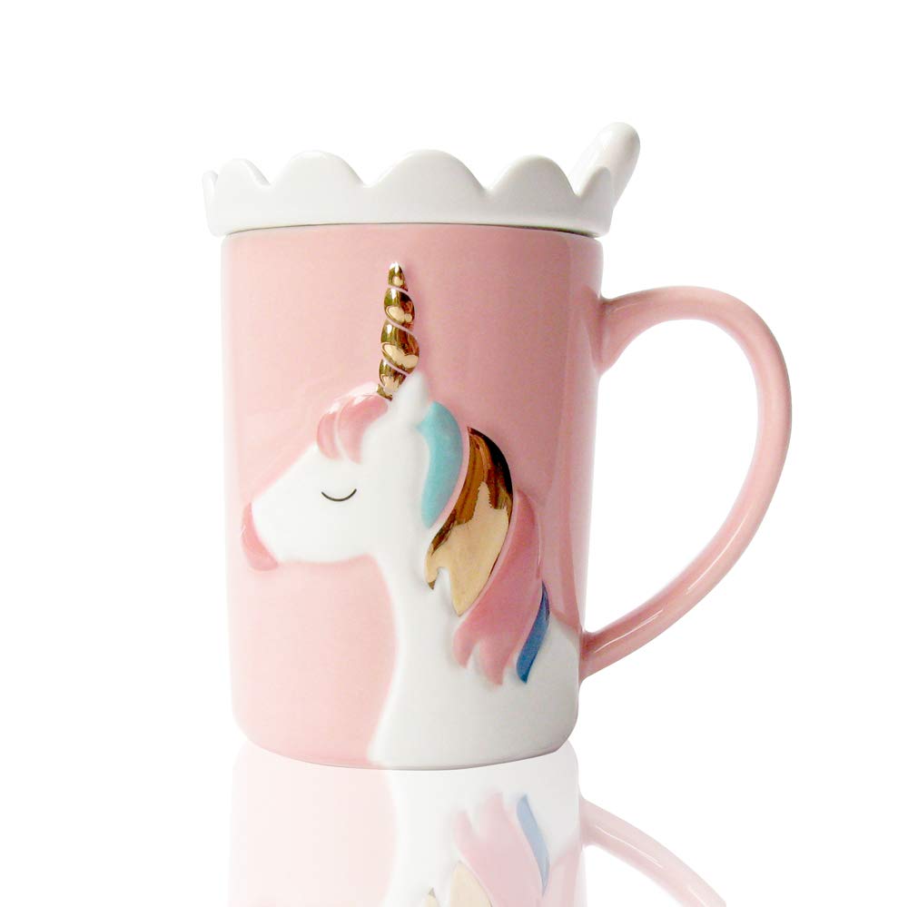 BigNoseDeer Taza Unicornio con tapa y cuchara, ideal para café, té o leche