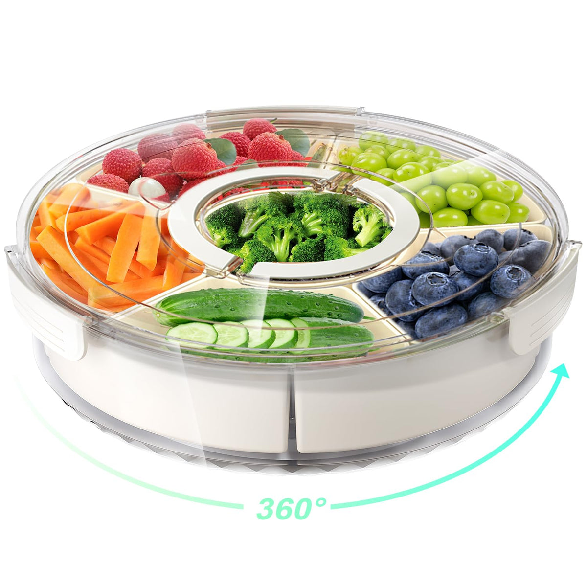 BigPonPon bandeja giratoria dividida con tapa y mango para ordenar aperitivos.