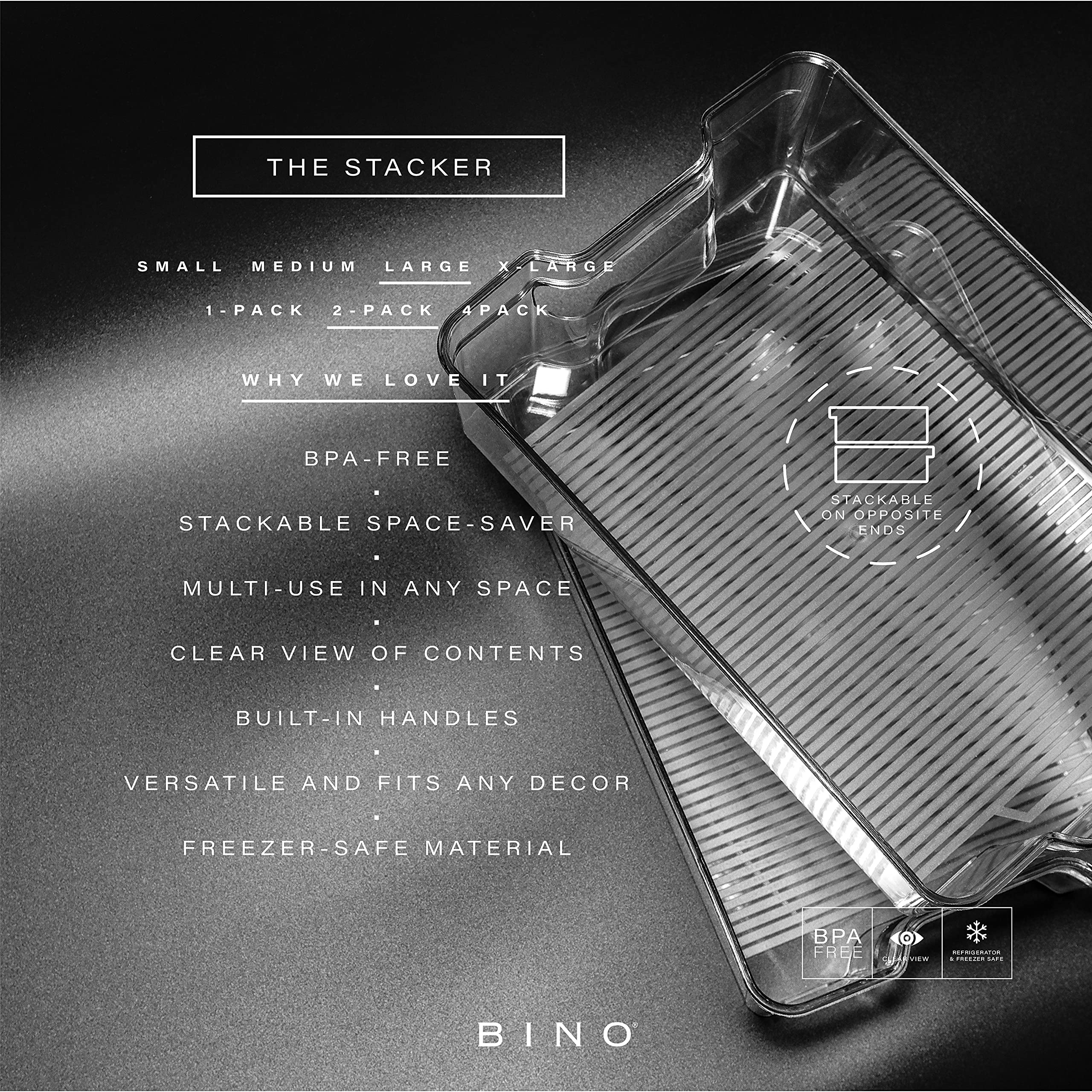 BINO bandejas transparentes con manijas integradas para manejo cómodo y visualización rápida.
