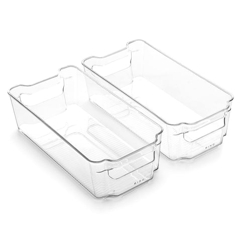 Cajas BINO apilables medianas con asa integrada para despensa.