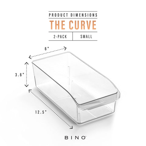 Contenedores apilables BINO Curve Collection para maximizar espacio en refrigerador.