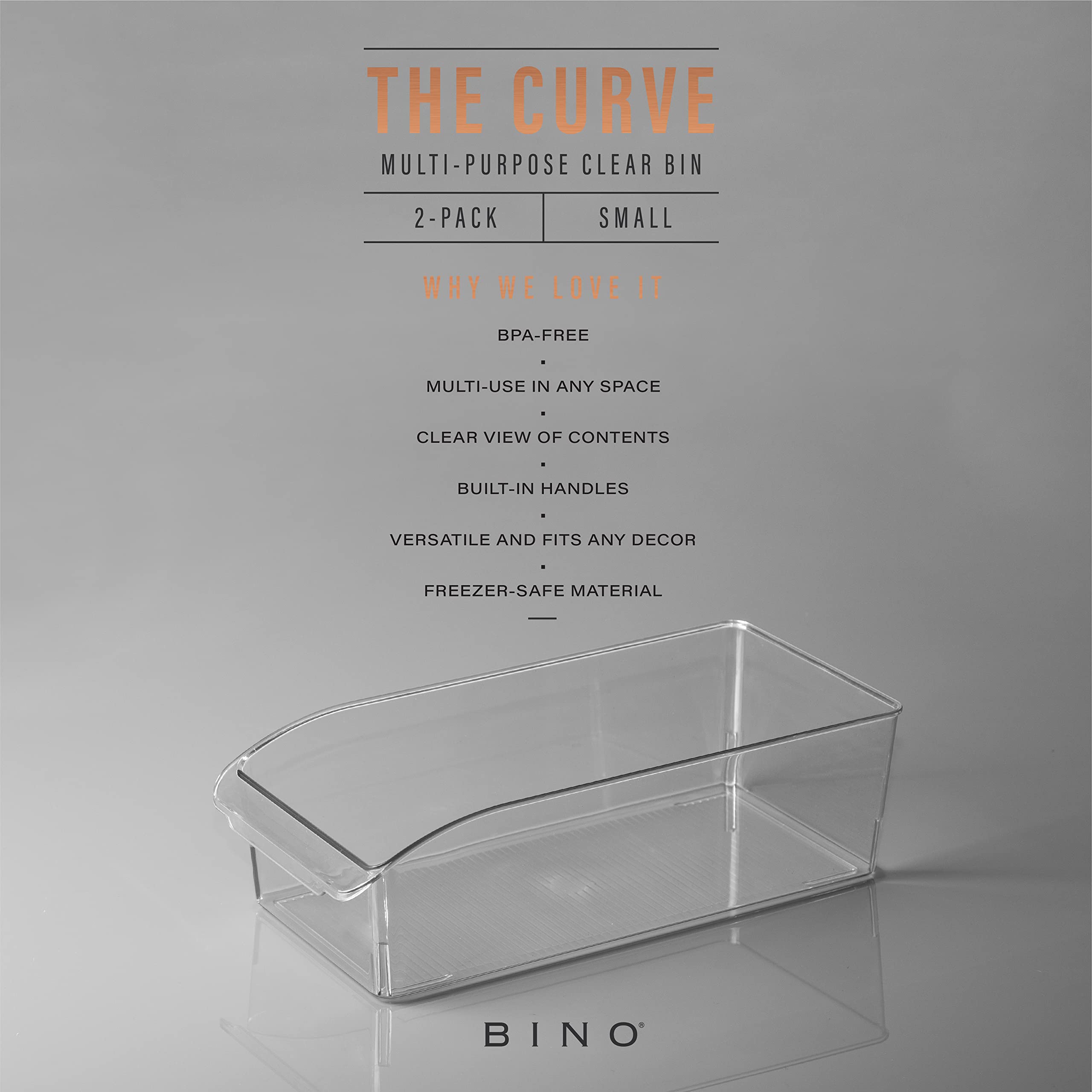 Contenedores de distintos tamaños BINO Curve Collection para adaptar estantes y cajones.